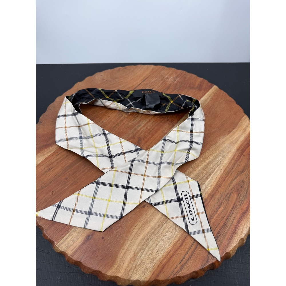 Coach Reversible Plaid Silk Skinny Scarf Women OS Cream Black Yellow Necktie